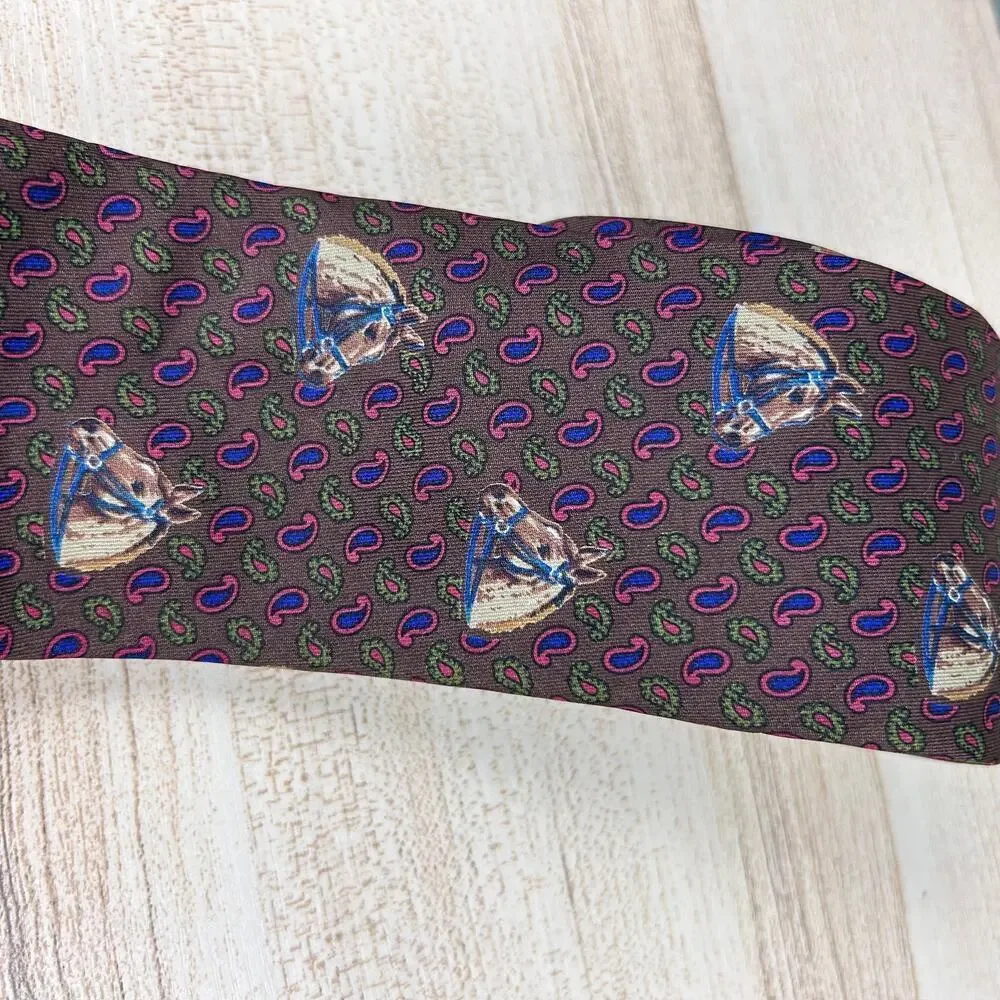 Etro Silk Necktie Horse Equestrian Brown Tan Paisley Boho Luxury Designer Tie